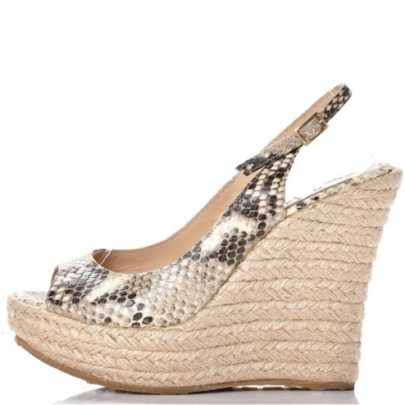 Jimmy Choo Shoes - JIMMY CHOO Calfskin Snake Print Embossed Polar Beige Espadrille Sandal Wedges 37